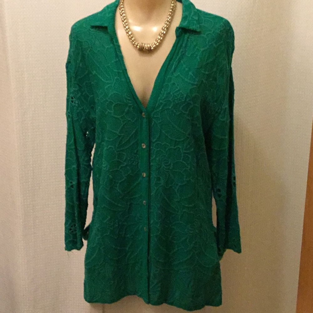 Anthropologie long sleeve green blouse size L EUC